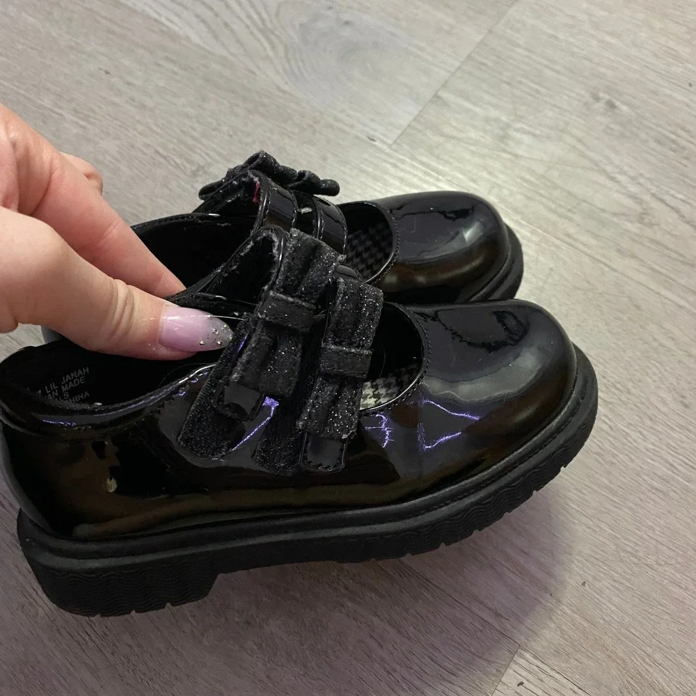 Rachel Shoes Mary Janes Toddler Kids 8 Black Patent Glitter Bow Lil Janah